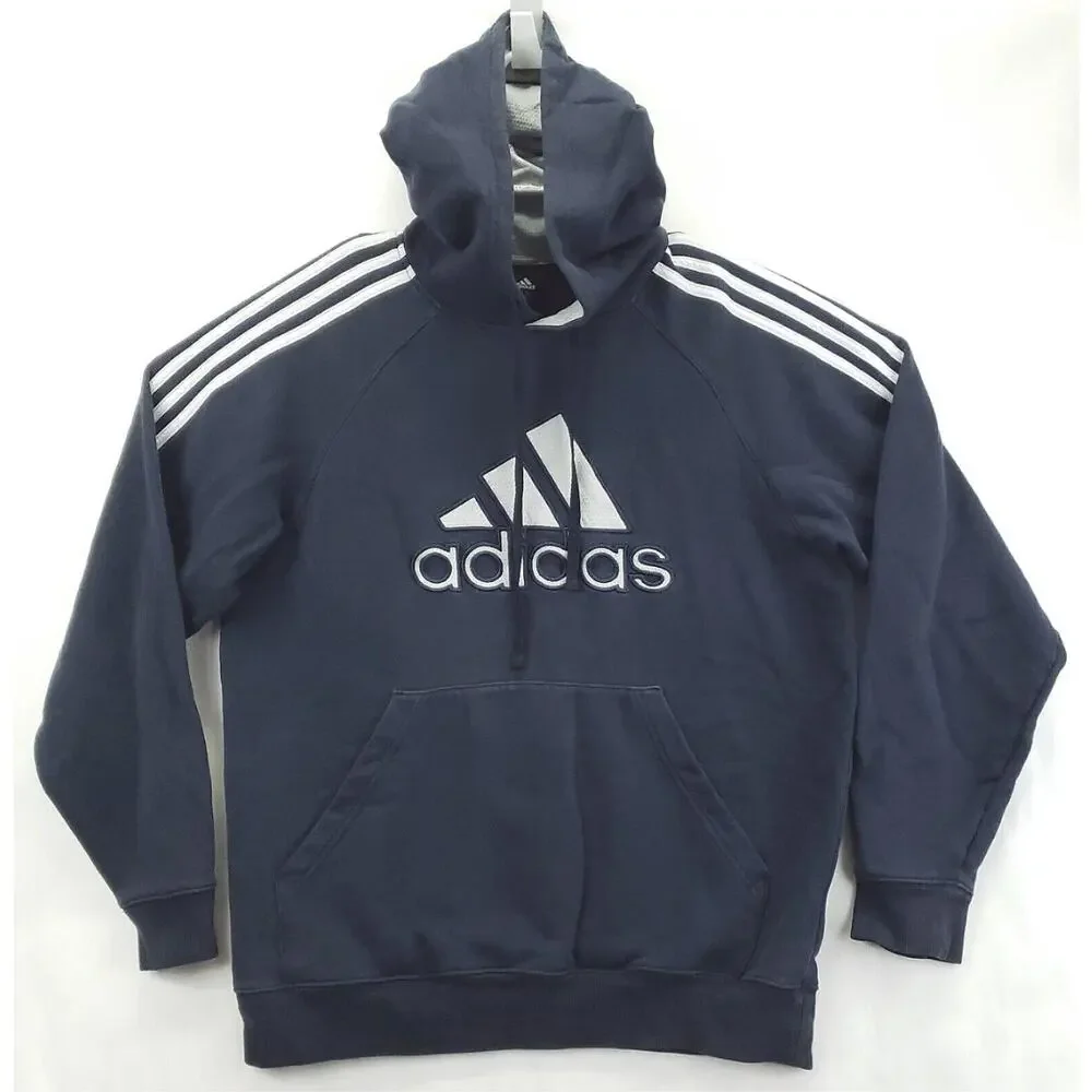 Adidas Hoodie Mens Medium Blue Cotton 3-Stripe Embroidered Drawstring Pullover